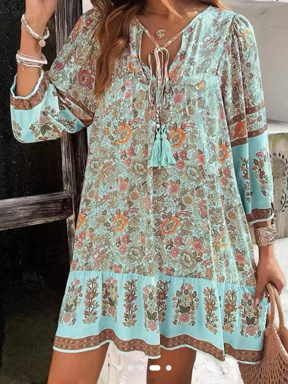 Women’s Boho Floral Mini Dress XXL Aqua Blue V-Neck Long Sleeve A-Line